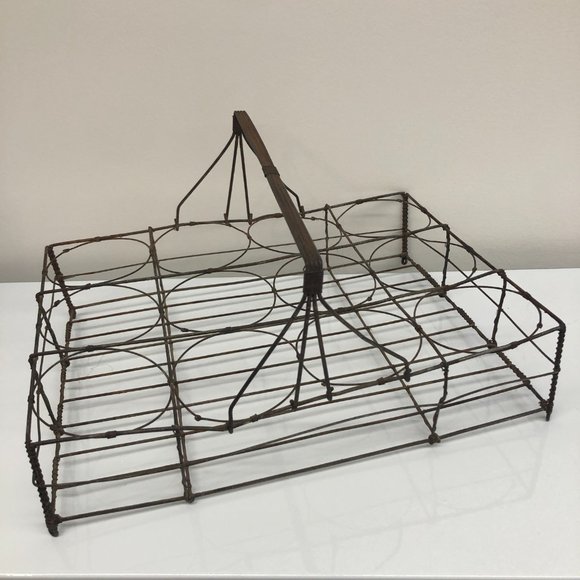 Antique French Fil de Fer Handle Basket/8 Glasses - Picture 2 of 8